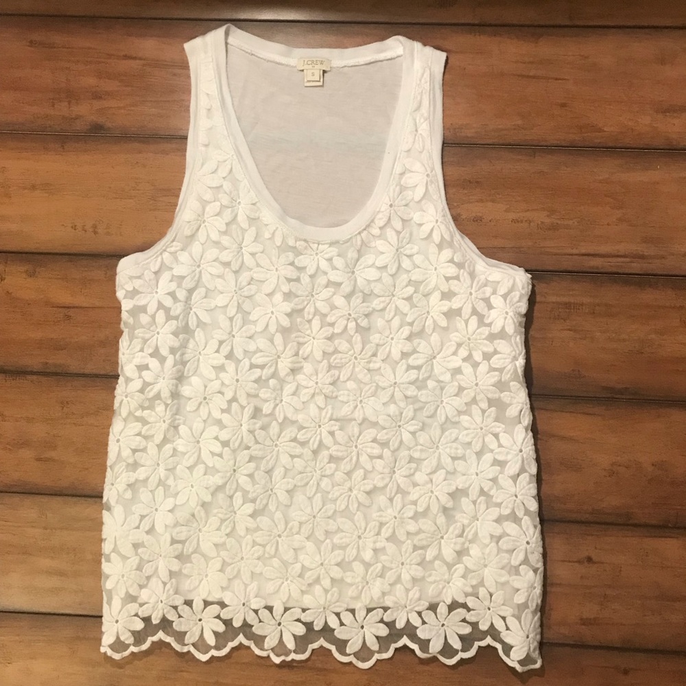 J. Crew White Embroidered Flower Tank Top